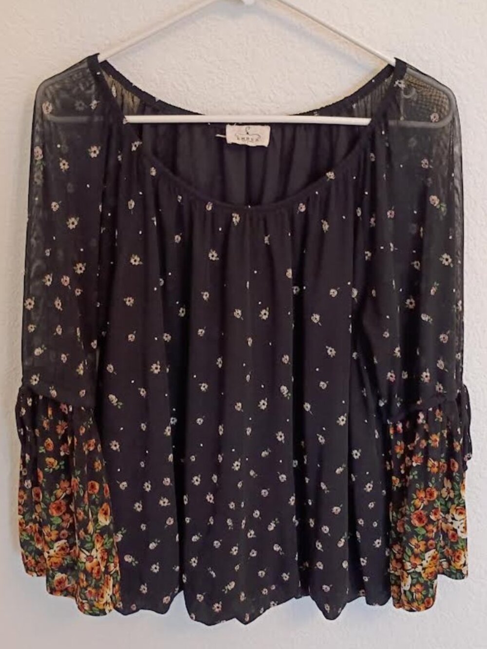 EMBER WOMEN'S TOP LINED BLACK FLORAL SHEER TIE SLEEVES ELASTIC WAIST SIZE LARGE